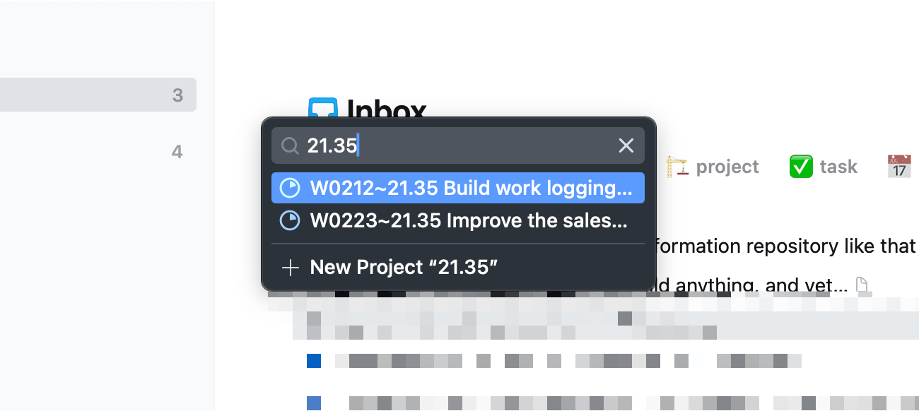 Screenshot of Things. I've invoked the 'Move' feature and typed '21'. It only offers me 2x work packages, both of which contain the number '21'.